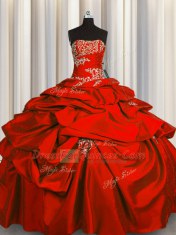 Clearance Red Ball Gowns Strapless Sleeveless Taffeta Floor Length Lace Up Appliques and Pick Ups 15th Birthday Dress