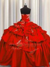 Clearance Red Ball Gowns Strapless Sleeveless Taffeta Floor Length Lace Up Appliques and Pick Ups 15th Birthday Dress