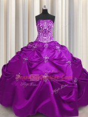 Taffeta Strapless Sleeveless Lace Up Beading and Appliques and Embroidery 15th Birthday Dress in Eggplant Purple