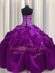 Taffeta Strapless Sleeveless Lace Up Beading and Appliques and Embroidery 15th Birthday Dress in Eggplant Purple