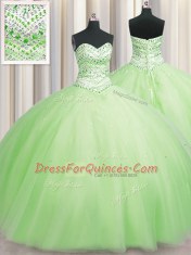 Bling-bling Big Puffy Yellow Green Sleeveless Floor Length Beading Lace Up 15th Birthday Dress