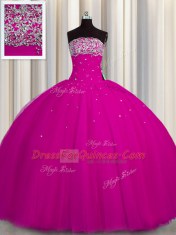 Affordable Puffy Skirt Ball Gowns Quince Ball Gowns Fuchsia Strapless Tulle Sleeveless Floor Length Lace Up