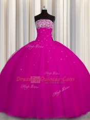 Affordable Puffy Skirt Ball Gowns Quince Ball Gowns Fuchsia Strapless Tulle Sleeveless Floor Length Lace Up
