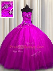 Ball Gowns Ball Gown Prom Dress Fuchsia Sweetheart Tulle and Sequined Sleeveless Floor Length Lace Up