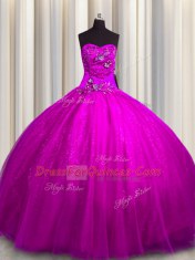 Ball Gowns Ball Gown Prom Dress Fuchsia Sweetheart Tulle and Sequined Sleeveless Floor Length Lace Up