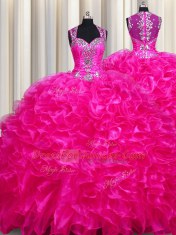 Zipper Up See Through Back With Train Fuchsia Quinceanera Dress Straps Sleeveless Sweep Train Zipper