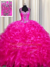 Zipper Up See Through Back With Train Fuchsia Quinceanera Dress Straps Sleeveless Sweep Train Zipper