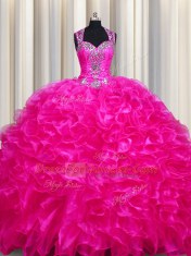 Zipper Up See Through Back With Train Fuchsia Quinceanera Dress Straps Sleeveless Sweep Train Zipper
