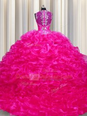 Zipper Up See Through Back With Train Fuchsia Quinceanera Dress Straps Sleeveless Sweep Train Zipper