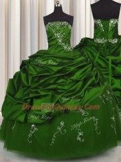 Embroidery Green Ball Gowns Beading and Appliques and Pick Ups Vestidos de Quinceanera Lace Up Taffeta Sleeveless Floor Length