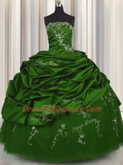 Embroidery Green Ball Gowns Beading and Appliques and Pick Ups Vestidos de Quinceanera Lace Up Taffeta Sleeveless Floor Length