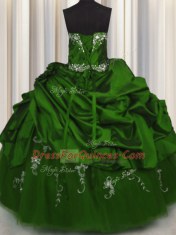 Embroidery Green Ball Gowns Beading and Appliques and Pick Ups Vestidos de Quinceanera Lace Up Taffeta Sleeveless Floor Length