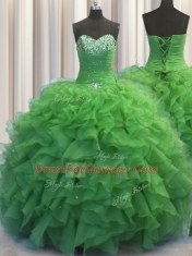 Beaded Bust Green Ball Gowns Organza Sweetheart Sleeveless Beading and Ruffles Floor Length Lace Up Ball Gown Prom Dress