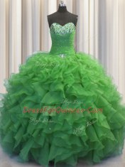 Beaded Bust Green Ball Gowns Organza Sweetheart Sleeveless Beading and Ruffles Floor Length Lace Up Ball Gown Prom Dress