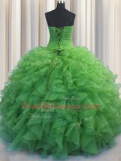 Beaded Bust Green Ball Gowns Organza Sweetheart Sleeveless Beading and Ruffles Floor Length Lace Up Ball Gown Prom Dress