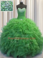 Beaded Bust Green Ball Gowns Organza Sweetheart Sleeveless Beading and Ruffles Floor Length Lace Up Ball Gown Prom Dress