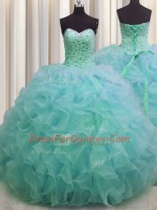 Adorable Organza Sleeveless Floor Length 15th Birthday Dress and Beading and Ruffles