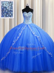 Blue Quinceanera Gowns Sweetheart Sleeveless Brush Train Lace Up