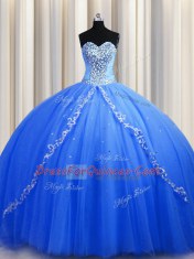 Blue Quinceanera Gowns Sweetheart Sleeveless Brush Train Lace Up