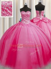 Exceptional Big Puffy Floor Length Rose Pink Quinceanera Gown Tulle Sleeveless Beading
