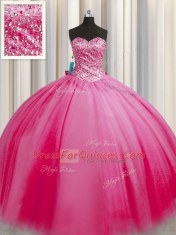 Exceptional Big Puffy Floor Length Rose Pink Quinceanera Gown Tulle Sleeveless Beading