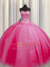 Exceptional Big Puffy Floor Length Rose Pink Quinceanera Gown Tulle Sleeveless Beading