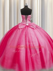 Exceptional Big Puffy Floor Length Rose Pink Quinceanera Gown Tulle Sleeveless Beading