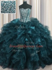 Top Selling Visible Boning Bling-bling Teal Ball Gowns Organza Sweetheart Sleeveless Beading and Ruffles With Train Lace Up Quinceanera Gowns Brush Train