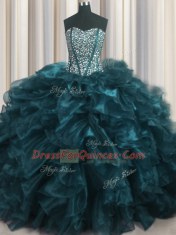 Top Selling Visible Boning Bling-bling Teal Ball Gowns Organza Sweetheart Sleeveless Beading and Ruffles With Train Lace Up Quinceanera Gowns Brush Train