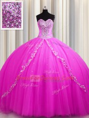 Inexpensive Sweep Train Sweetheart Sleeveless Ball Gown Prom Dress Floor Length Beading Rose Pink Tulle
