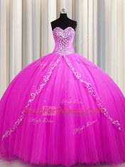 Inexpensive Sweep Train Sweetheart Sleeveless Ball Gown Prom Dress Floor Length Beading Rose Pink Tulle