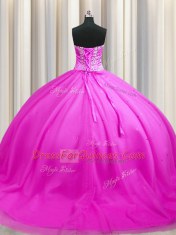 Inexpensive Sweep Train Sweetheart Sleeveless Ball Gown Prom Dress Floor Length Beading Rose Pink Tulle