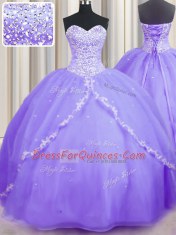 Luxury Organza Sweetheart Sleeveless Brush Train Lace Up Beading and Appliques Sweet 16 Quinceanera Dress in Lavender