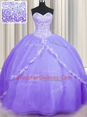 Luxury Organza Sweetheart Sleeveless Brush Train Lace Up Beading and Appliques Sweet 16 Quinceanera Dress in Lavender