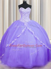 Luxury Organza Sweetheart Sleeveless Brush Train Lace Up Beading and Appliques Sweet 16 Quinceanera Dress in Lavender