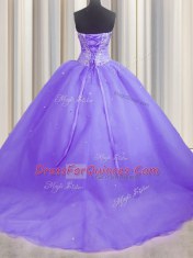 Luxury Organza Sweetheart Sleeveless Brush Train Lace Up Beading and Appliques Sweet 16 Quinceanera Dress in Lavender