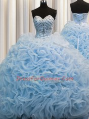 Rolling Flowers Baby Blue Quinceanera Gown Military Ball and Sweet 16 and Quinceanera and For with Beading and Pick Ups Sweetheart Sleeveless Brush Train Lace Up