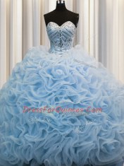 Rolling Flowers Baby Blue Quinceanera Gown Military Ball and Sweet 16 and Quinceanera and For with Beading and Pick Ups Sweetheart Sleeveless Brush Train Lace Up