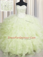 Pretty Yellow Green Sweetheart Lace Up Beading and Ruffles Quinceanera Gown Sleeveless