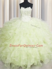 Pretty Yellow Green Sweetheart Lace Up Beading and Ruffles Quinceanera Gown Sleeveless