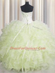 Pretty Yellow Green Sweetheart Lace Up Beading and Ruffles Quinceanera Gown Sleeveless