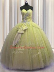 Beauteous Light Yellow Sweetheart Lace Up Beading and Sequins and Bowknot Quinceanera Gowns Sleeveless