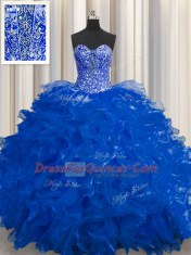 See Through Organza Sweetheart Sleeveless Lace Up Beading and Ruffles Vestidos de Quinceanera in Royal Blue