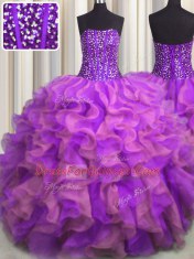 Stunning Visible Boning Beaded Bodice Strapless Sleeveless Quince Ball Gowns Floor Length Beading and Ruffles Multi-color Organza