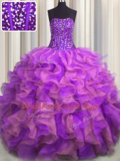 Stunning Visible Boning Beaded Bodice Strapless Sleeveless Quince Ball Gowns Floor Length Beading and Ruffles Multi-color Organza