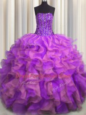 Stunning Visible Boning Beaded Bodice Strapless Sleeveless Quince Ball Gowns Floor Length Beading and Ruffles Multi-color Organza