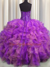 Stunning Visible Boning Beaded Bodice Strapless Sleeveless Quince Ball Gowns Floor Length Beading and Ruffles Multi-color Organza