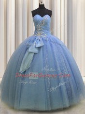 Ideal Sequins Bowknot Light Blue Sleeveless Tulle Lace Up Vestidos de Quinceanera for Military Ball and Sweet 16 and Quinceanera