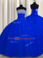 Unique Really Puffy Royal Blue Ball Gowns Strapless Sleeveless Tulle Floor Length Lace Up Beading and Sequins Quinceanera Gown