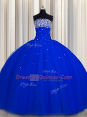 Unique Really Puffy Royal Blue Ball Gowns Strapless Sleeveless Tulle Floor Length Lace Up Beading and Sequins Quinceanera Gown